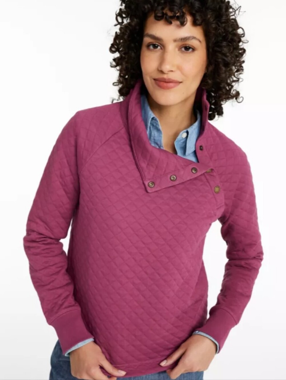 LL Bean Women's Pink Quilted Pullover Sweater Snap Neck Mock Neck Size Large